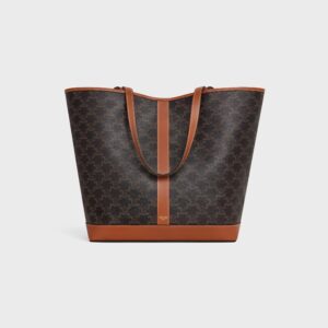 Celine Medium Cabas In Triomphe Canvas And Calfskin With Gold Finishing Tan